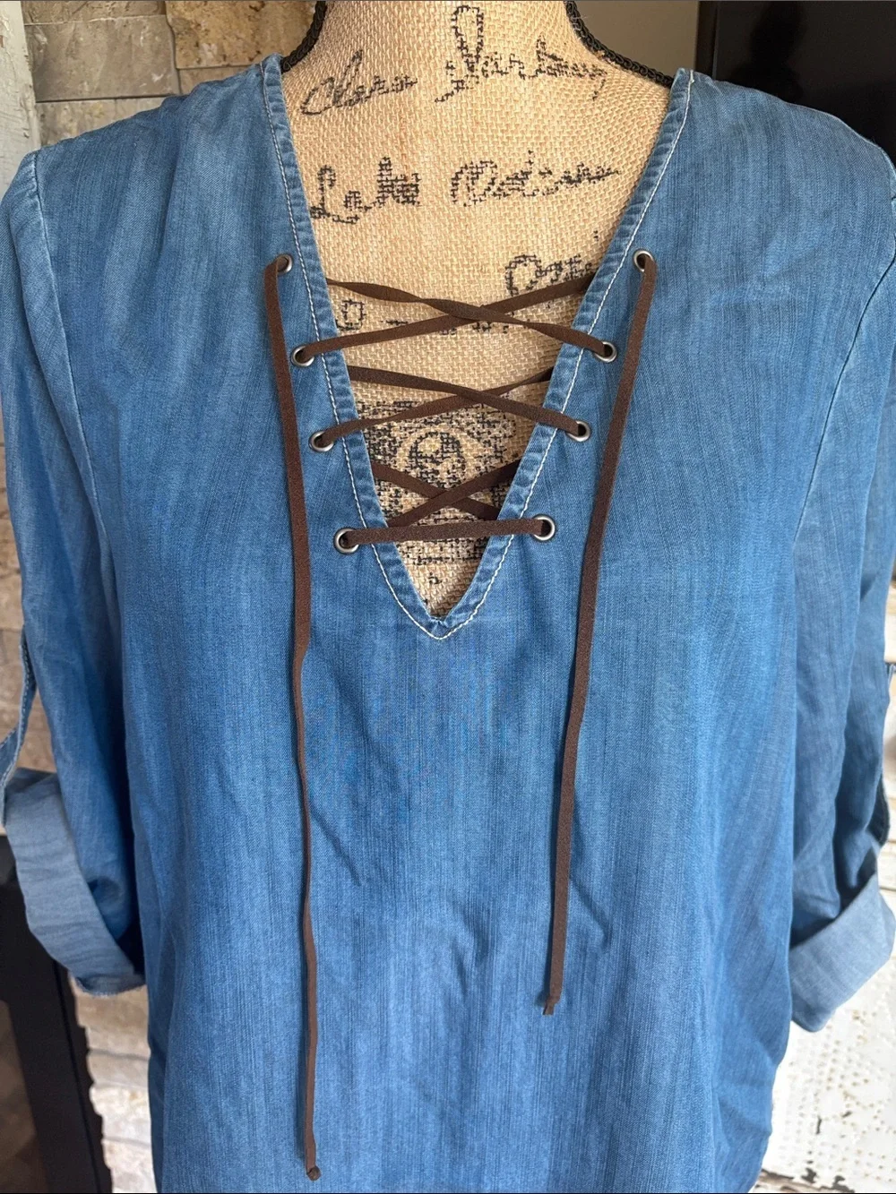 Karen by Karen Kane chambray tunic top brown lace-up v-neck and roll tab sleeves